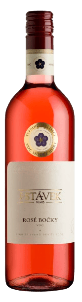 En glasflaska med Stavek Rosé Bocky 2021, en rosévin från Tjeckien