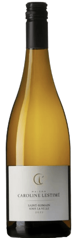 En glasflaska med Maison Caroline Lestimé Saint-Romain Sous la Velle 2022, ett vitt vin från Bourgogne i Frankrike