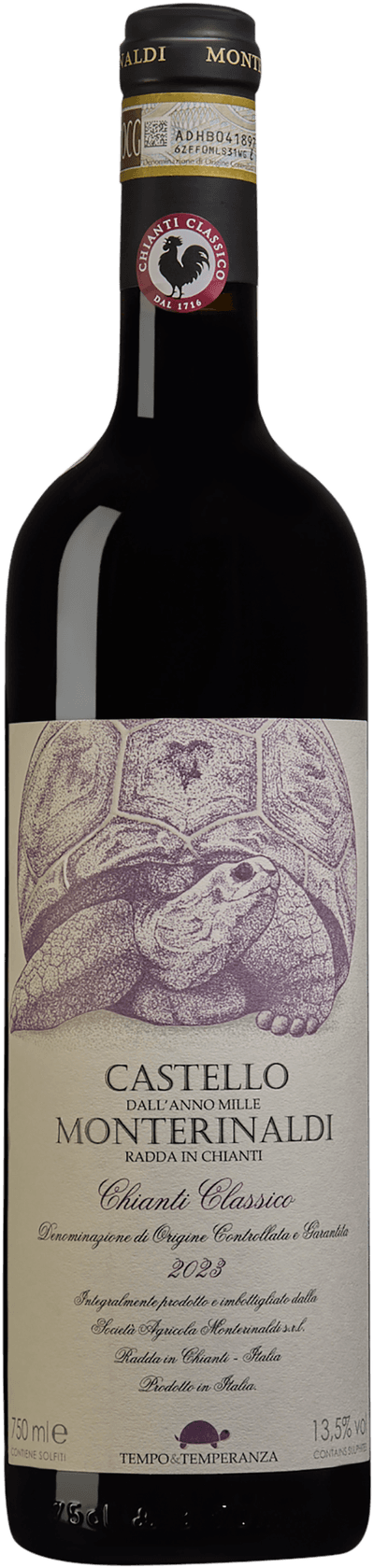 En lättare glasflaska med Castello di Monterinaldi Chianti Classico 2023, ett rött vin från Toscana i Italien