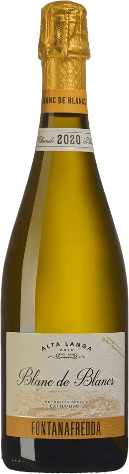 En glasflaska med Fontanafredda Alta Langa Blanc de Blancs 2020, en mousserande från Piemonte i Italien