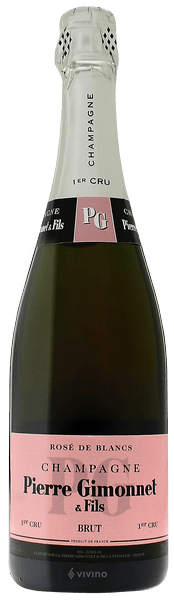 En glasflaska med Pierre Gimonnet Rosé de Blancs Premier Cru, ett champagne från Champagne i Frankrike