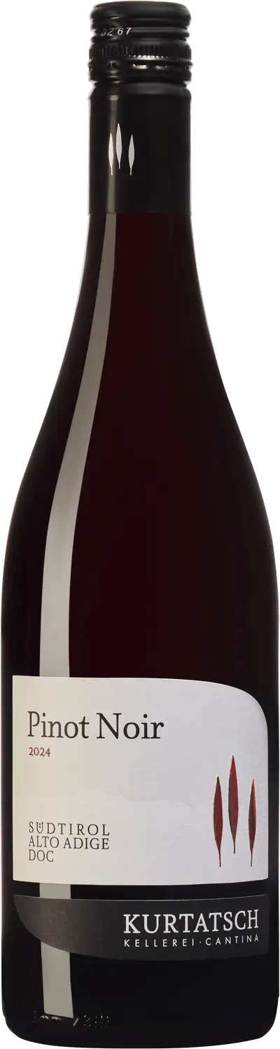 En lättare glasflaska med Cantina Kurtatsch Pinot Noir 2024, ett rött vin från Trentino-Alto Adige i Italien
