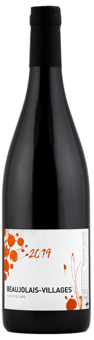 En glasflaska med Alex Foillard Beaujolais Villages 2024, ett rött vin från Bourgogne i Frankrike