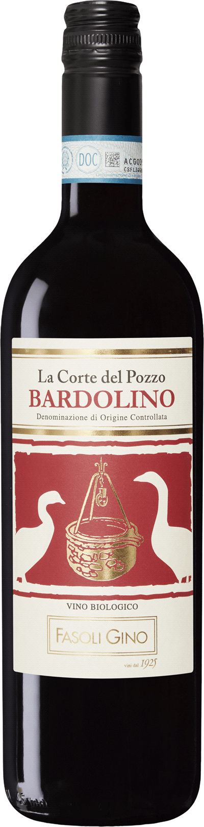 En lättare glasflaska med Fasoli Gino La Corte del Pozzo Bardolino 2021, ett rött vin från Venetien i Italien
