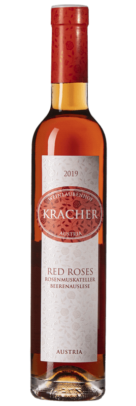 En glasflaska med Kracher Red Roses Beerenauslese 2019, ett vitt vin från Burgenland i Österrike
