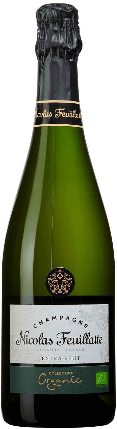 En glasflaska med Nicolas Feuillatte Collection Organic Extra Brut, ett champagne från Champagne i Frankrike
