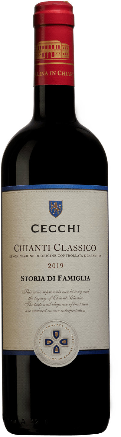 En lättare glasflaska med Storia di Famiglia Chianti Classico 2019, ett rött vin från Toscana i Italien