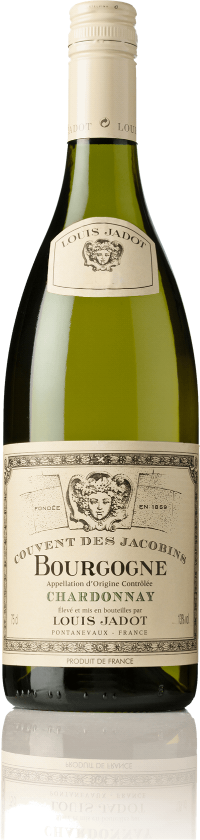 En glasflaska med Couvent des Jacobins Bourgogne Blanc 2022, ett vitt vin från Bourgogne i Frankrike
