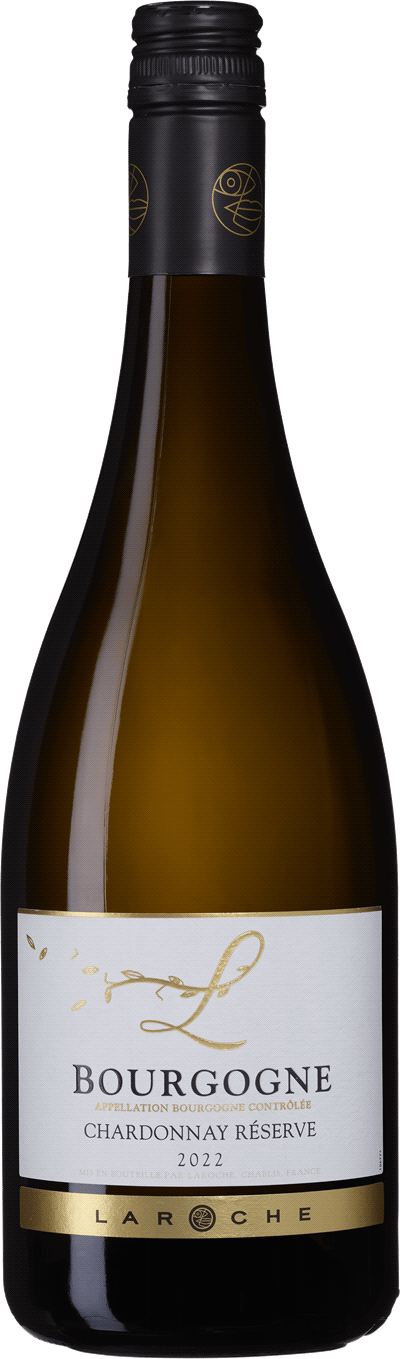 En glasflaska med Laroche Bourgogne Réserve 2022, ett vitt vin från Bourgogne i Frankrike