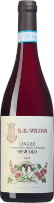 En lättare glasflaska med G.D. Vajra Organic Langhe Nebbiolo, ett rött vin från Piemonte i Italien
