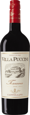 En glasflaska med Castellani Villa Puccini, ett rött vin från Toscana i Italien