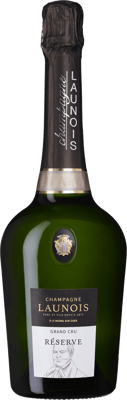 En glasflaska med Launois Blanc de Blancs, ett champagne från Champagne i Frankrike