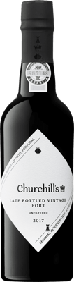 En glasflaska med Churchill’s Late Bottled Vintage, en starkvin från Douro i Portugal