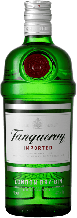 En glasflaska med Tanqueray London Dry Gin, en gin & Genever från Storbritannien