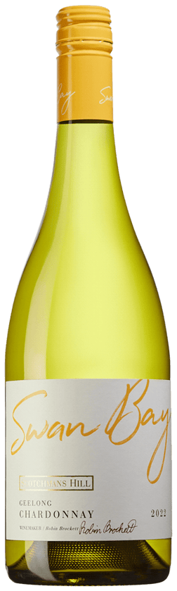 En lättare glasflaska med Swan Bay Chardonnay 2022, ett vitt vin från Victoria i Australien