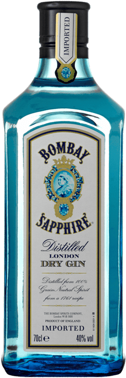 En glasflaska med Bombay Sapphire London Dry Gin, en gin & Genever från Storbritannien