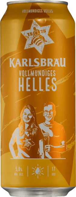 En burk med Karlsbräu Vollmundiges Helles, en ljus lager från Tyskland