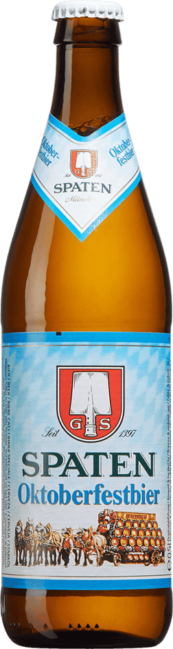 En glasflaska med Spaten Oktoberfestbier, en mellanmörk & Mörk lager från Tyskland