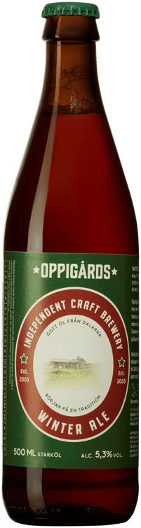 En glasflaska med Oppigårds Winter Ale, en ale från Sverige