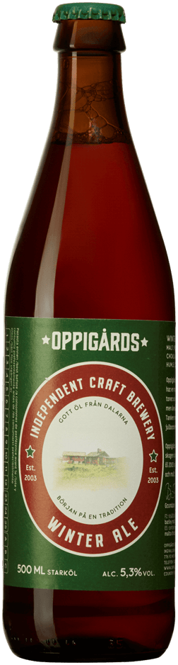 En glasflaska med Oppigårds Winter Ale, en ale från Sverige