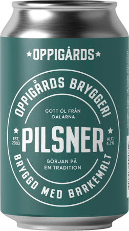 En burk med Oppigårds Pilsner, en ljus lager från Dalarnas län i Sverige
