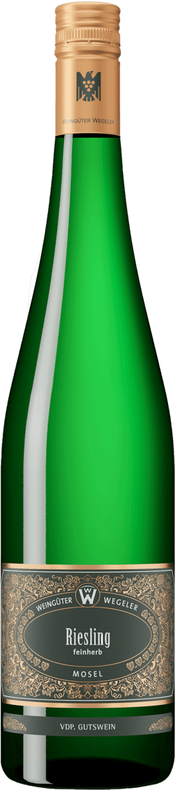 En lättare glasflaska med Riesling Feinherb Weingüt Wegeler 2021, ett vitt vin från Mosel i Tyskland
