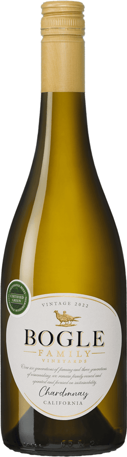 En glasflaska med Bogle Family Vineyards Chardonnay 2022, ett vitt vin från Kalifornien i USA
