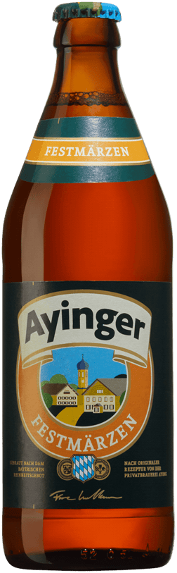 En glasflaska med Ayinger Festmärzen, en mellanmörk & Mörk lager från Tyskland