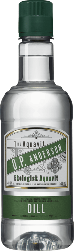 En pet-flaska med O.P. Anderson Dill Aquavit, en akvavit från Sverige