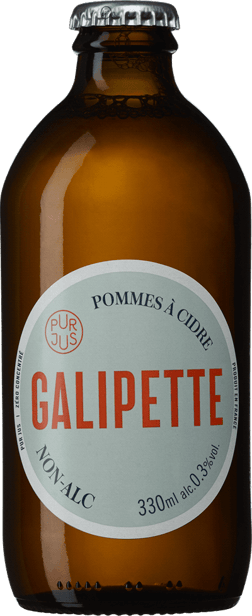 En glasflaska med Galipette Pommes à cidre Non-Alc, en cider från Frankrike