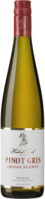 En glasflaska med Hubert Beck Grande Réserve Pinot Gris 2021, ett vitt vin från Alsace i Frankrike