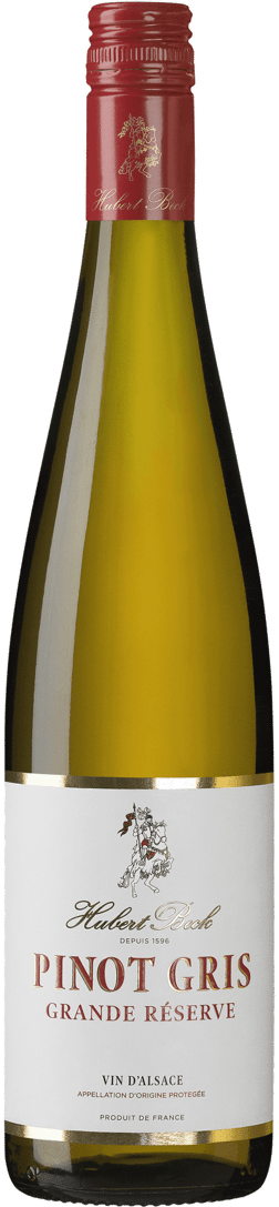 En glasflaska med Hubert Beck Grande Réserve Pinot Gris 2021, ett vitt vin från Alsace i Frankrike