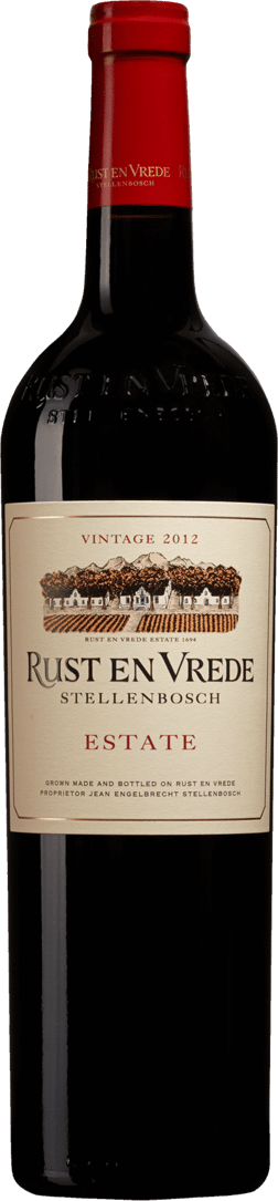 En glasflaska med Rust en Vrede Estate 2020, ett rött vin från Western Cape i Sydafrika