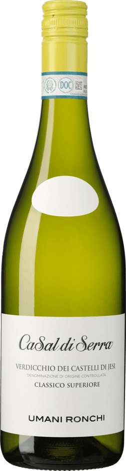 En lättare glasflaska med Umani Ronchi Casal di Serra Classico Superiore 2024, ett vitt vin från Marche i Italien