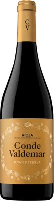 En glasflaska med Conde Valdemar Gran Reserva, ett rött vin från Rioja i Spanien