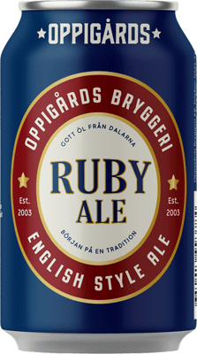 En burk med Oppigårds Ruby Ale, en ale från Dalarnas län i Sverige