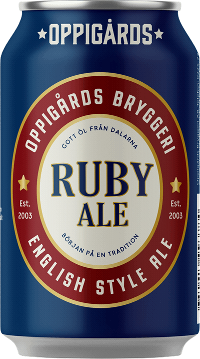En burk med Oppigårds Ruby Ale, en ale från Dalarnas län i Sverige