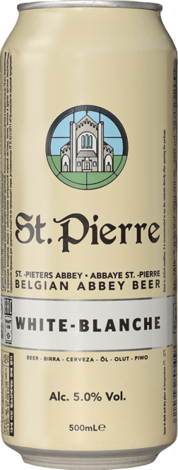 En burk med St Pierre White-Blanche, en veteöl från Belgien