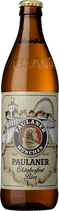 En glasflaska med Paulaner Oktoberfest, en ljus lager från Tyskland