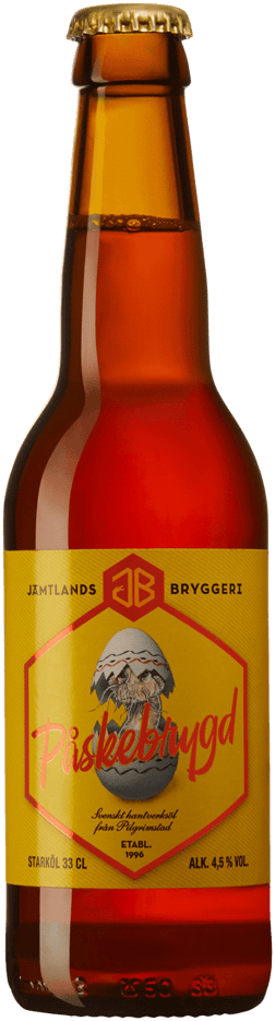 En glasflaska med Jämtlands Påskebrygd, en ale från Sverige