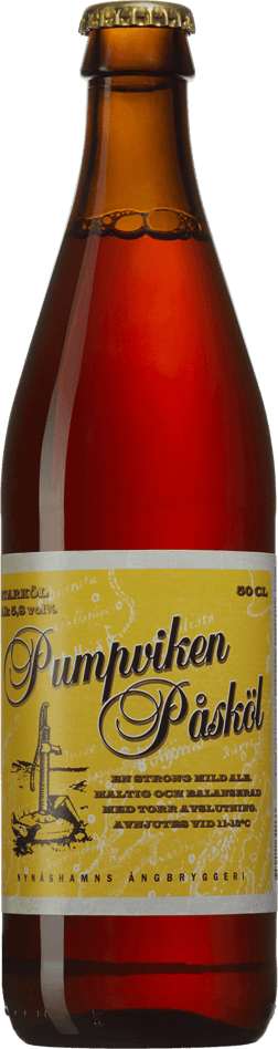 En glasflaska med Pumpviken Påsköl, en ale från Sverige