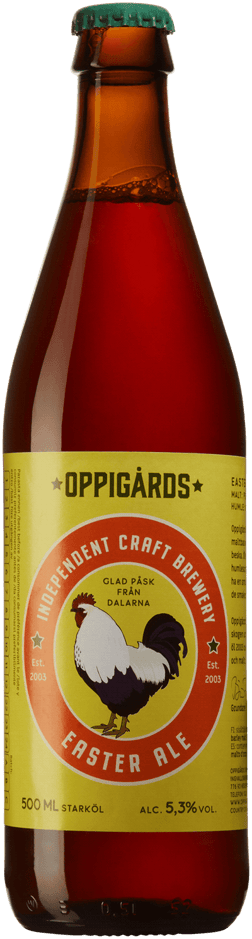 En glasflaska med Oppigårds Easter Ale, en ale från Sverige