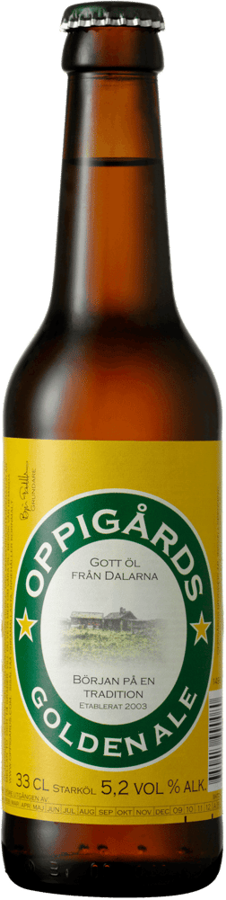 En glasflaska med Oppigårds Golden Ale, en ale från Dalarnas län i Sverige