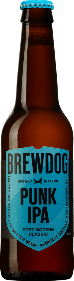 En glasflaska med Brewdog Punk IPA, en ale från Skottland i Storbritannien