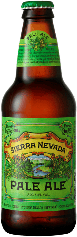 En glasflaska med Sierra Nevada Pale Ale, en ale från USA