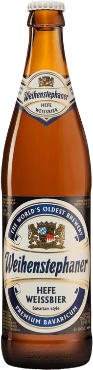 En glasflaska med Weihenstephaner Hefe Weissbier, en veteöl från Tyskland