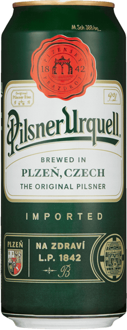 En burk med Pilsner Urquell, en ljus lager från Tjeckien