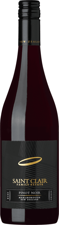 En lättare glasflaska med Saint Clair Origin Pinot Noir 2022, ett rött vin från Marlborough i Nya Zeeland