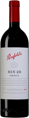 En glasflaska med Penfolds Kalimna Bin 28, ett rött vin från South Australia i Australien
