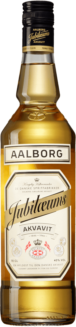 En glasflaska med Aalborg Jubilæums Akvavit, en akvavit från Internationellt märke
